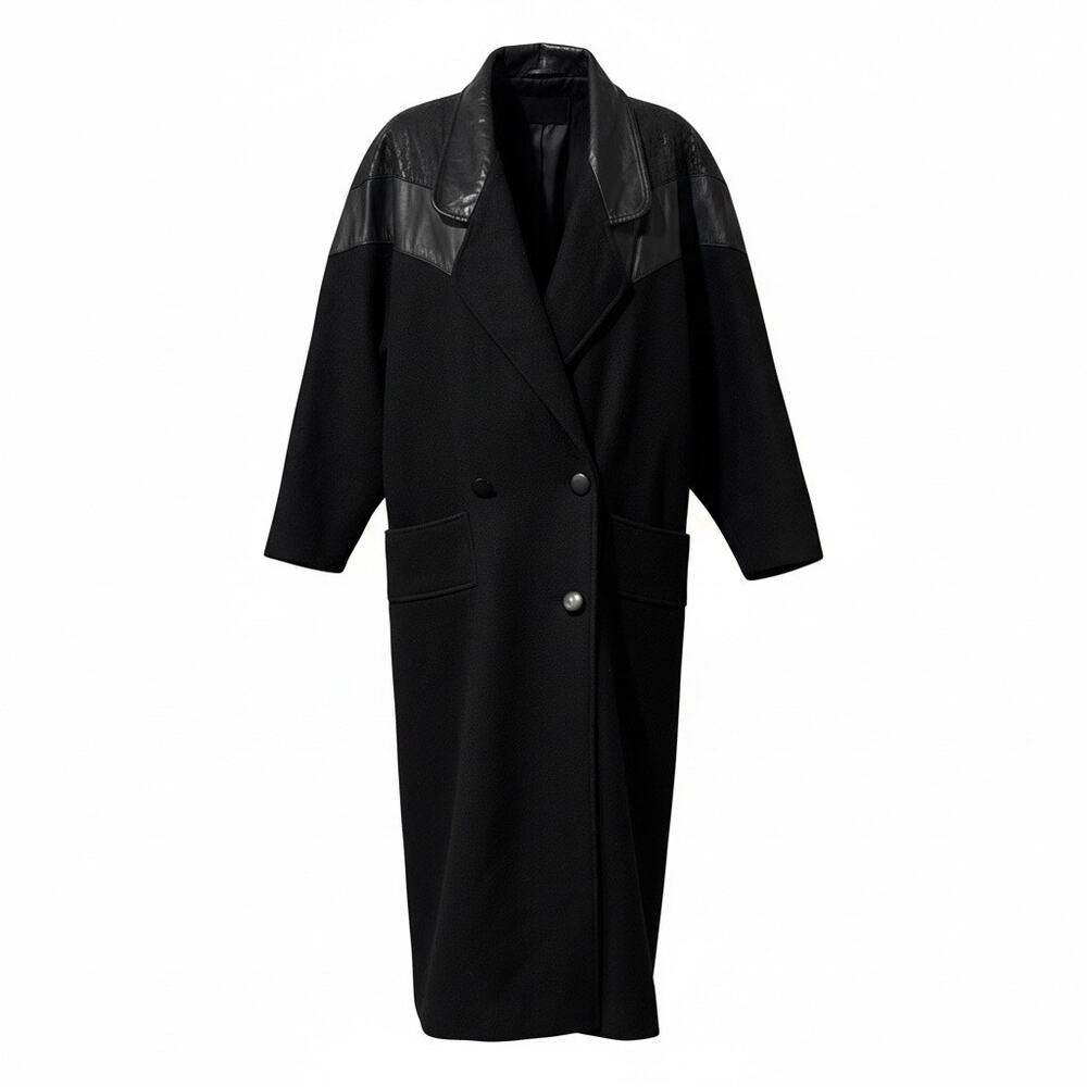 Vintage David Benjamin Black Wool Leather Panels Long Coat Women XL Fall Winter